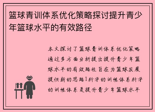 篮球青训体系优化策略探讨提升青少年篮球水平的有效路径